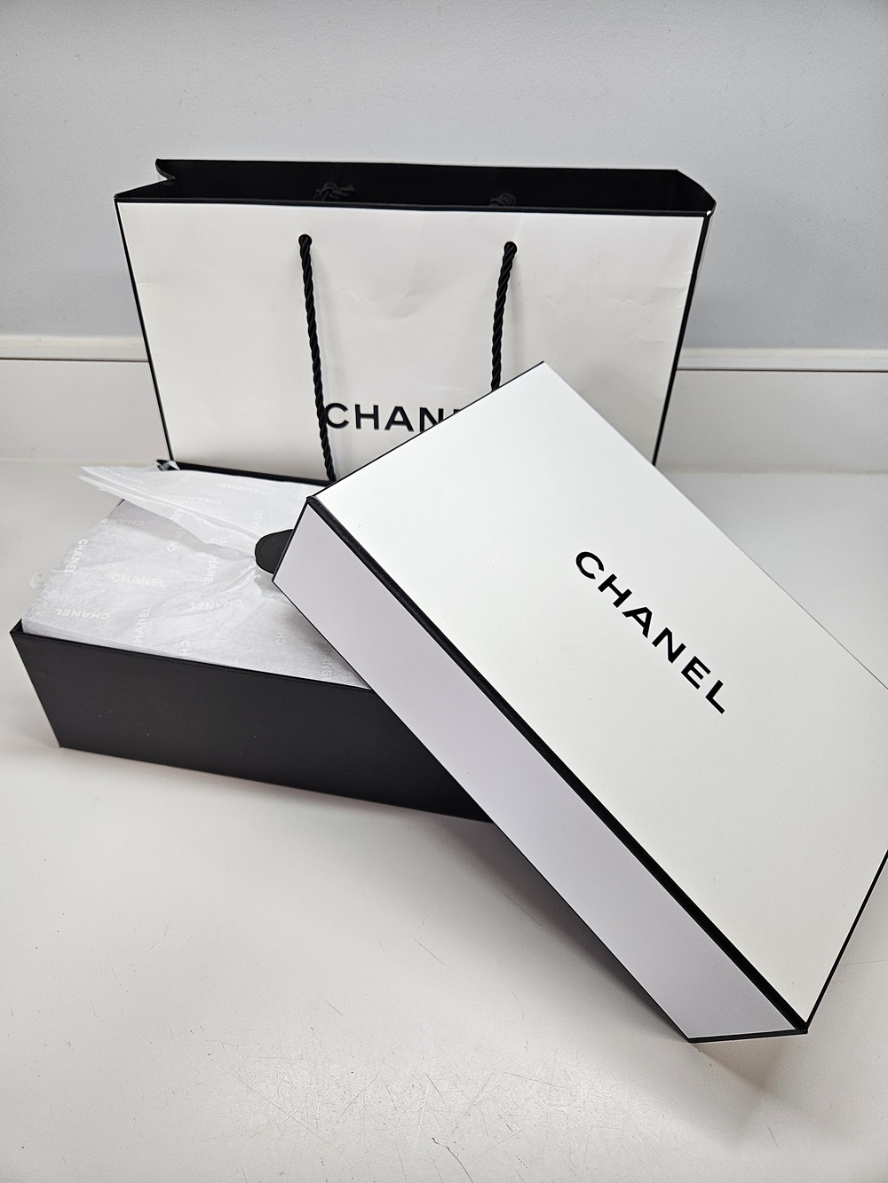 Authentic CHANEL White Logo Two Piece Gift Box with Tissue Bag 8.75" x 5.5" x 3"
